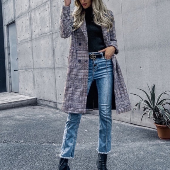 Classic black plaid trench fall button pea coat jacket - Picture 5 of 7